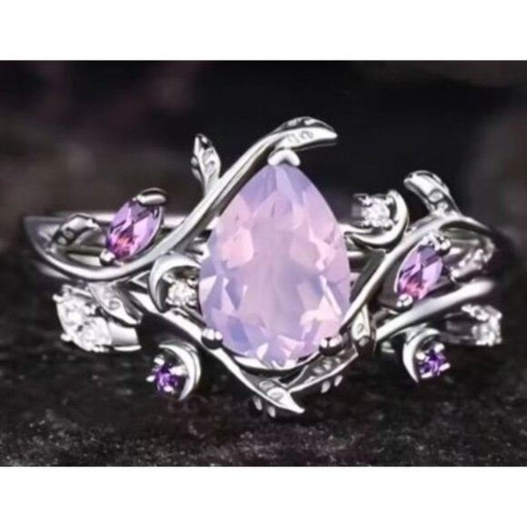Moon Collection Jewelry - Pear Cut lavender amethyst & moissanite engagement wedding ring set in Titanium